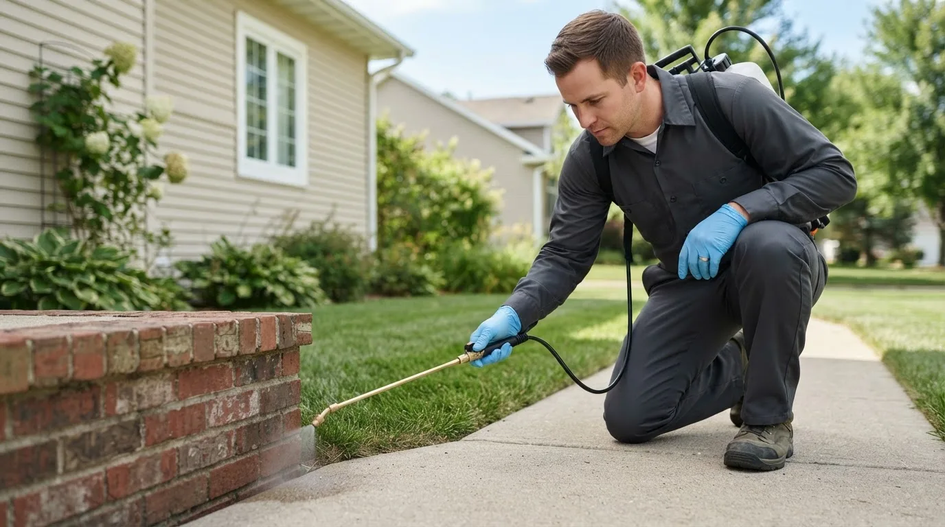 Pest control technician treating a home near Danvers, MN